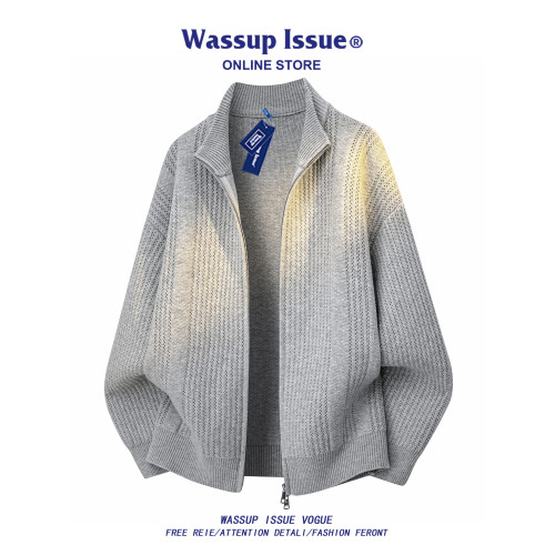 WASSUP ISSUE美式雙拉鍊開衫毛衣男秋冬季高街立領休閒針織衫外套