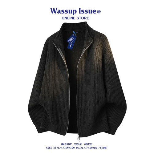 WASSUP ISSUE美式雙拉鍊開衫毛衣男秋冬季高街立領休閒針織衫外套