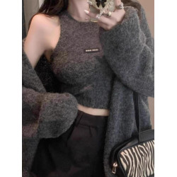 高級感慵懶風辣妹中長款毛衣外套女秋冬美拉德軟糯背心上衣兩件套