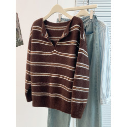 慵懶風翻領撞色條紋針織衫女秋冬大碼胖妹妹覆古氣質顯瘦百搭毛衣