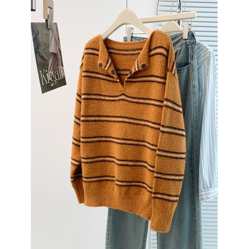 慵懶風翻領撞色條紋針織衫女秋冬大碼胖妹妹覆古氣質顯瘦百搭毛衣