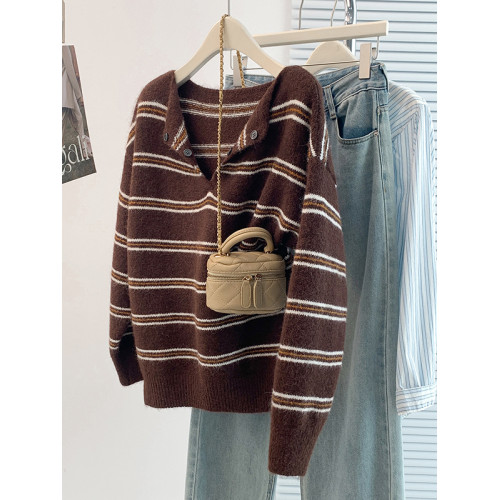 慵懶風翻領撞色條紋針織衫女秋冬大碼胖妹妹覆古氣質顯瘦百搭毛衣