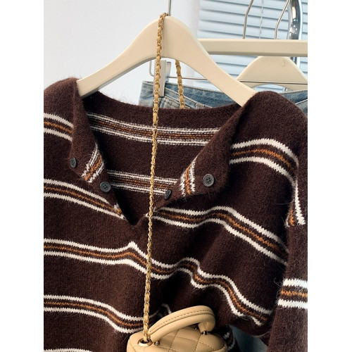 慵懶風翻領撞色條紋針織衫女秋冬大碼胖妹妹覆古氣質顯瘦百搭毛衣