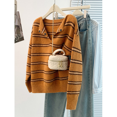 慵懶風翻領撞色條紋針織衫女秋冬大碼胖妹妹覆古氣質顯瘦百搭毛衣