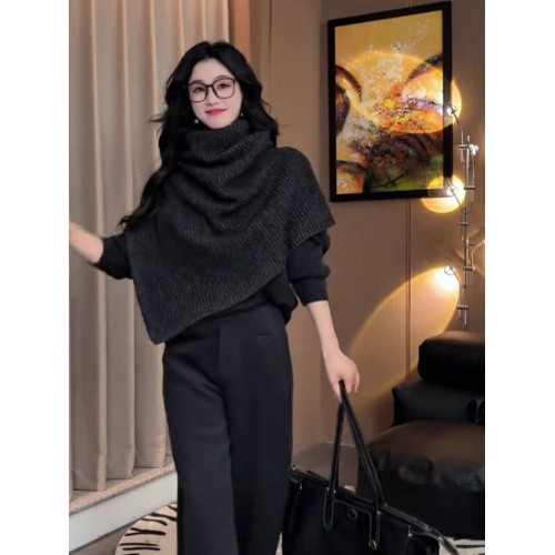 高級感超好看高領鬭篷披肩毛衣女秋冬外穿慵懶風小個子針織衫上衣 高級感超好看高領鬭篷披肩毛衣女秋冬外穿慵懶風小個子針織衫上衣
