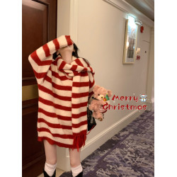 寬松慵懶風聖誕節紅色條紋毛衣女秋冬高級感中長款V領針織衫上衣