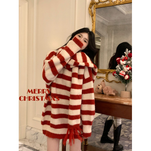 寬松慵懶風聖誕節紅色條紋毛衣女秋冬高級感中長款V領針織衫上衣 寬松慵懶風聖誕節紅色條紋毛衣女秋冬高級感中長款V領針織衫上衣