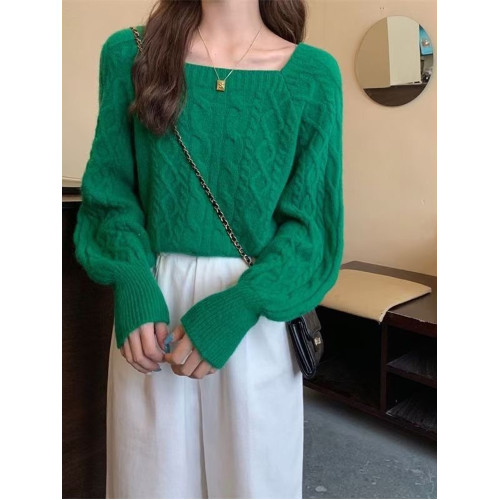 小個子短款麻花設計感毛衣女秋冬季新款針織打底衫方領百搭上衣潮