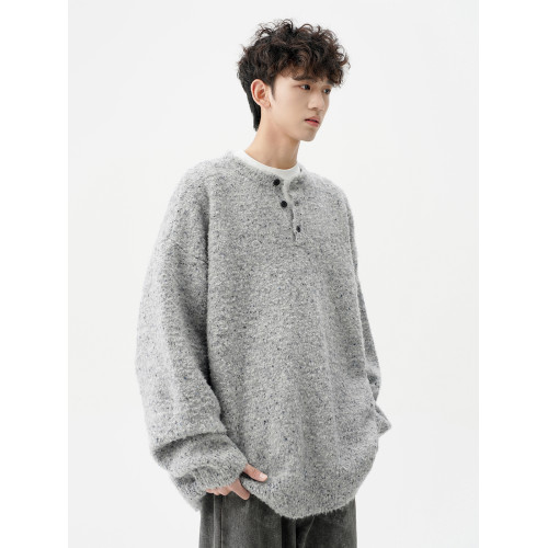 美式重磅亨利領毛衣男秋冬季新款加厚潮牌針織衫寬鬆保暖套頭線衣