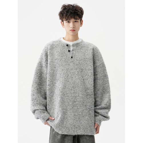 美式重磅亨利領毛衣男秋冬季新款加厚潮牌針織衫寬鬆保暖套頭線衣