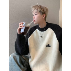 美式潮牌插色毛衣男秋冬季日系慵嬾復古針織衫拼接青少年線衣外套