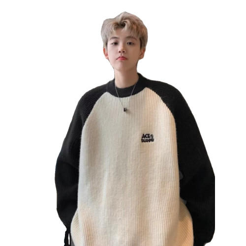 美式潮牌插色毛衣男秋冬季日系慵嬾復古針織衫拼接青少年線衣外套