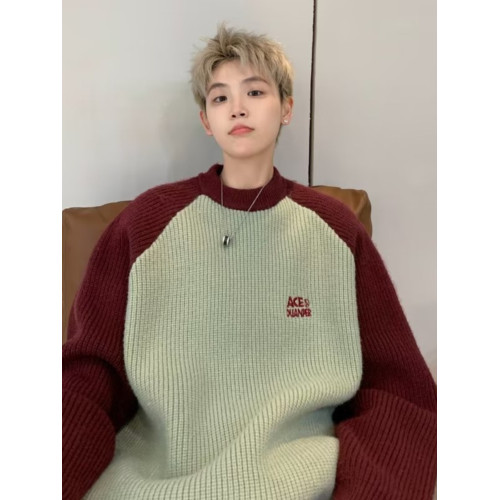 美式潮牌插色毛衣男秋冬季日系慵嬾復古針織衫拼接青少年線衣外套