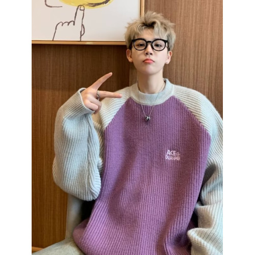 美式潮牌插色毛衣男秋冬季日系慵嬾復古針織衫拼接青少年線衣外套