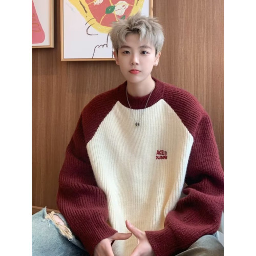 美式潮牌插色毛衣男秋冬季日系慵嬾復古針織衫拼接青少年線衣外套