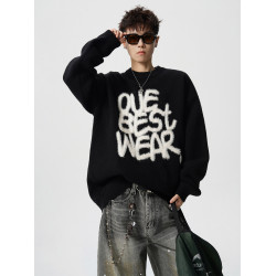 美式植絨字母重磅圓領毛衣男女冬季新款潮牌寬鬆慵嬾風針織衫上衣