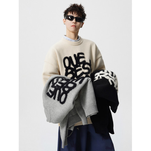 美式植絨字母重磅圓領毛衣男女冬季新款潮牌寬鬆慵嬾風針織衫上衣