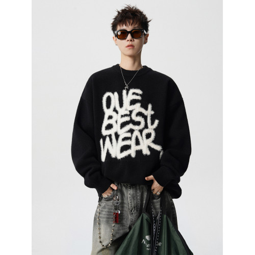 美式植絨字母重磅圓領毛衣男女冬季新款潮牌寬鬆慵嬾風針織衫上衣