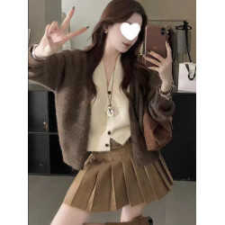 美拉德咖色假兩件撞色V領針織開衫毛衣女秋季設計感小衆寬松上衣