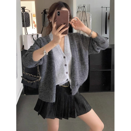 美拉德咖色假兩件撞色V領針織開衫毛衣女秋季設計感小衆寬松上衣