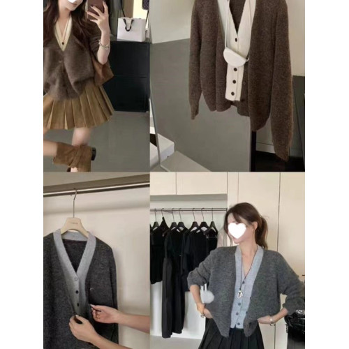 美拉德咖色假兩件撞色V領針織開衫毛衣女秋季設計感小衆寬松上衣