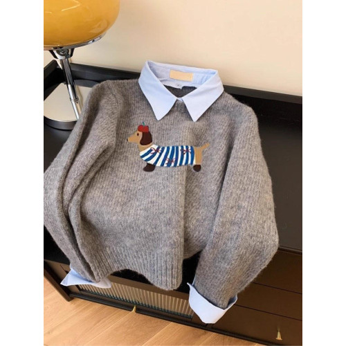 小狗卡通軟糯灰色假兩件襯衫領針織衫女上衣2025秋新款翻領毛衣冬