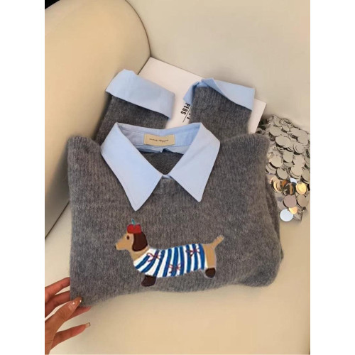 小狗卡通軟糯灰色假兩件襯衫領針織衫女上衣2025秋新款翻領毛衣冬