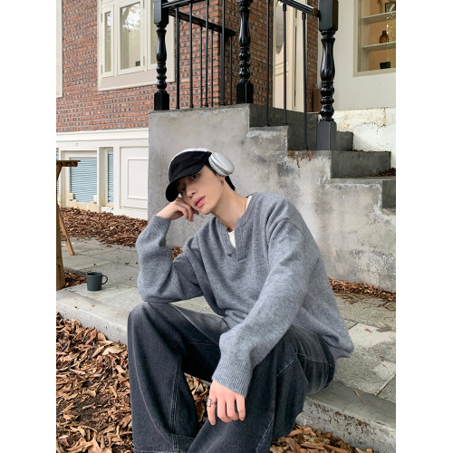 ONELYC1NS小V領套頭毛衣男秋季韓版寬鬆慵嬾風純色針織上衣情侶