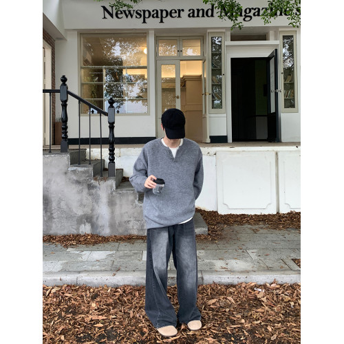 ONELYC1NS小V領套頭毛衣男秋季韓版寬鬆慵嬾風純色針織上衣情侶