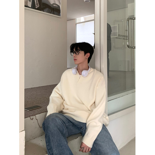 ONELYC1NS小V領套頭毛衣男秋季韓版寬鬆慵嬾風純色針織上衣情侶