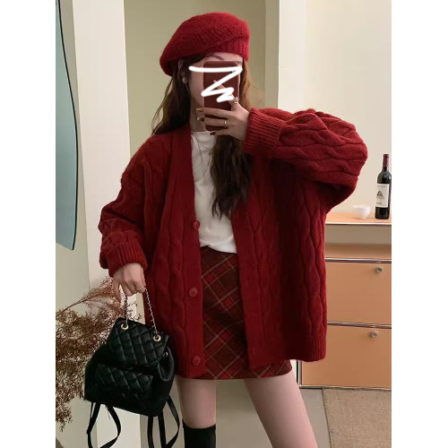聖誕慵懶風紅色針織開衫毛衣外套女秋冬季2025年新款寬松外穿上衣