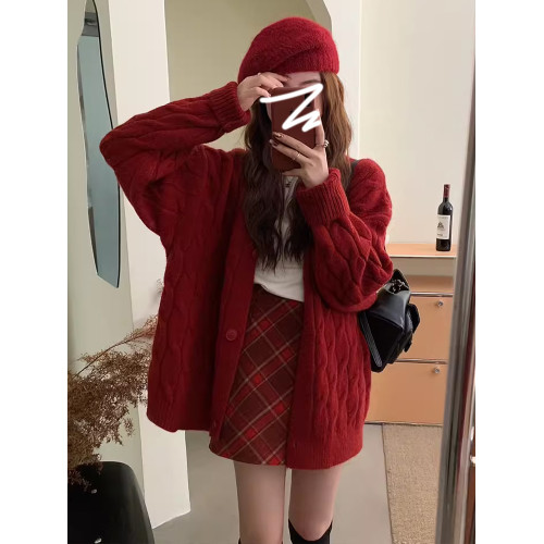 聖誕慵懶風紅色針織開衫毛衣外套女秋冬季2025年新款寬松外穿上衣