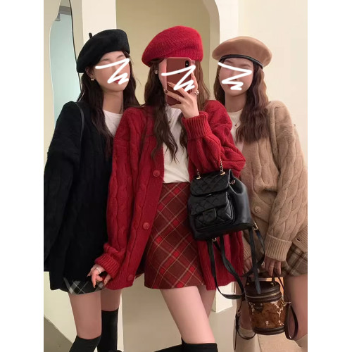 聖誕慵懶風紅色針織開衫毛衣外套女秋冬季2025年新款寬松外穿上衣