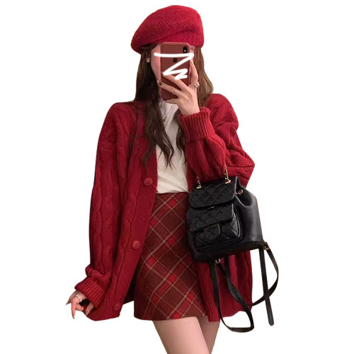 聖誕慵懶風紅色針織開衫毛衣外套女秋冬季2025年新款寬松外穿上衣