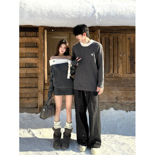 小衆設計感情侶裝毛衣秋冬季一字肩蝴蝶結收腰修身包臀針織連衣裙 小衆設計感情侶裝毛衣秋冬季一字肩蝴蝶結收腰修身包臀針織連衣裙