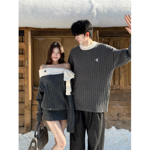 小衆設計感情侶裝毛衣秋冬季一字肩蝴蝶結收腰修身包臀針織連衣裙 小衆設計感情侶裝毛衣秋冬季一字肩蝴蝶結收腰修身包臀針織連衣裙