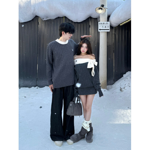 小衆設計感情侶裝毛衣秋冬季一字肩蝴蝶結收腰修身包臀針織連衣裙 小衆設計感情侶裝毛衣秋冬季一字肩蝴蝶結收腰修身包臀針織連衣裙