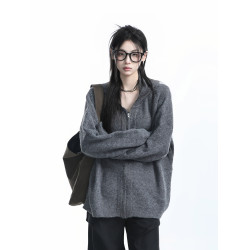 【坐吃山空】冬季高級感紋理灰色連帽針織衫外套女慵懶風開衫毛衣