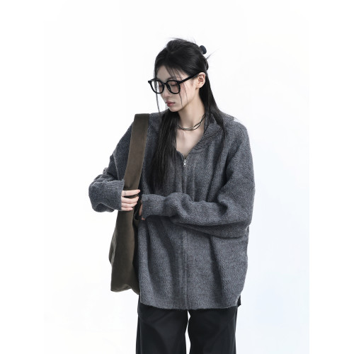 【坐吃山空】冬季高級感紋理灰色連帽針織衫外套女慵懶風開衫毛衣