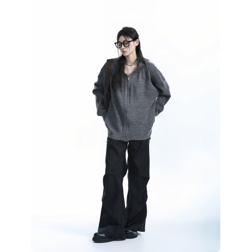 【坐吃山空】冬季高級感紋理灰色連帽針織衫外套女慵懶風開衫毛衣