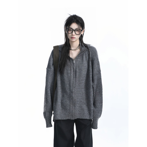 【坐吃山空】冬季高級感紋理灰色連帽針織衫外套女慵懶風開衫毛衣