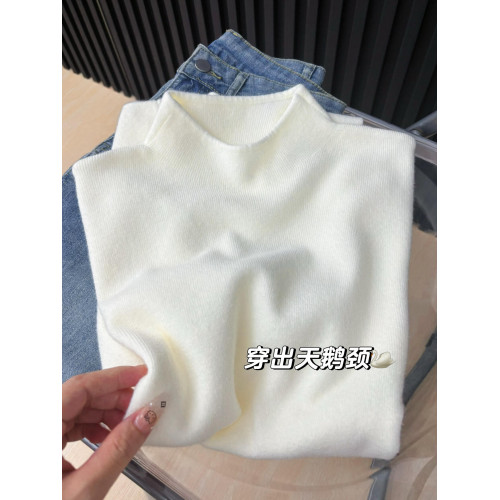 白色小立領軟糯針織衫長袖打底衫女春秋冬季加絨毛衣簡約上衣內搭