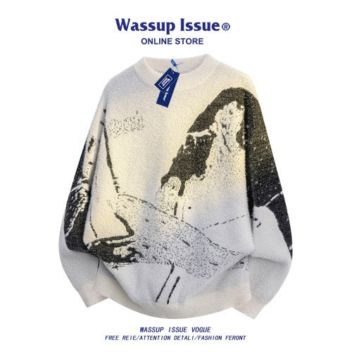 WASSUP ISSUE美式圓領提花針織衫男秋冬潮牌寬松情侶毛衣外套男款