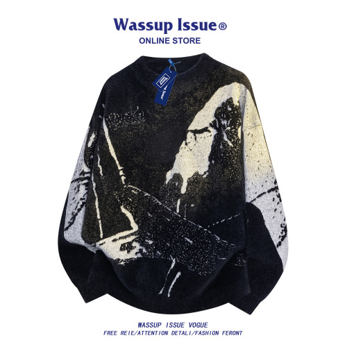 WASSUP ISSUE美式圓領提花針織衫男秋冬潮牌寬松情侶毛衣外套男款