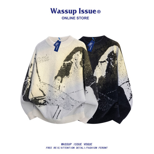 WASSUP ISSUE美式圓領提花針織衫男秋冬潮牌寬松情侶毛衣外套男款