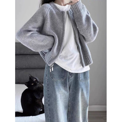 灰色短款毛衣外套女2025秋冬裝新款寬松加厚拉鍊開衫長袖針織上衣