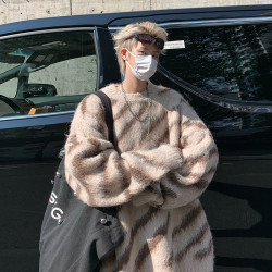 復古小衆高級感不規則斑馬紋毛衣男女圓領套頭刷毛針織衫外套潮牌