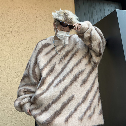 復古小衆高級感不規則斑馬紋毛衣男女圓領套頭刷毛針織衫外套潮牌 復古小衆高級感不規則斑馬紋毛衣男女圓領套頭刷毛針織衫外套潮牌