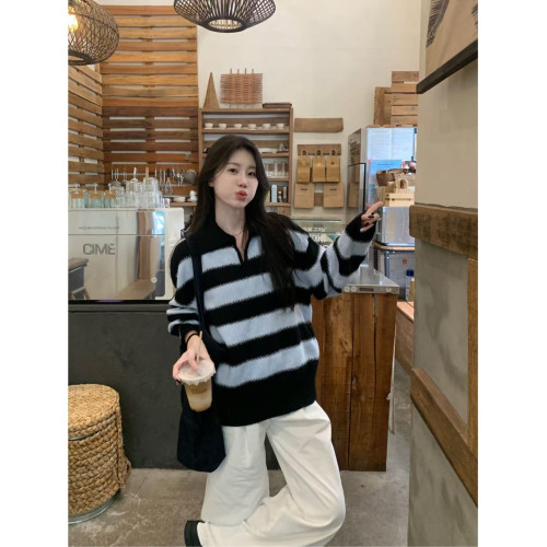 慵懶寬松藍色條紋小V領毛衣女2025秋冬休閒少女風保暖針織衫上衣