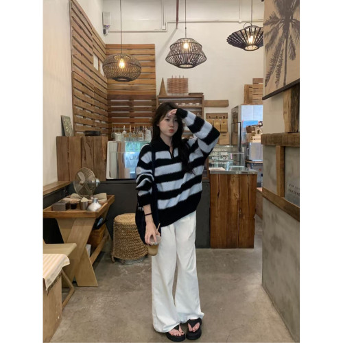 慵懶寬松藍色條紋小V領毛衣女2025秋冬休閒少女風保暖針織衫上衣